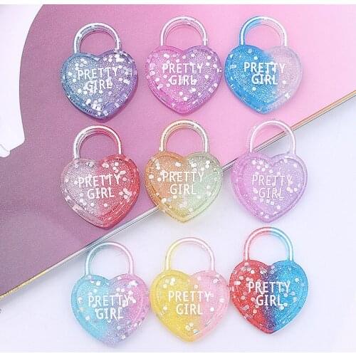 10Pcs Glitter Sequins PRETTY GIRL Heart Charms Flat Back Resin Cabochon Scrapbook Craft DIY Embellishments Jewelry Accessories