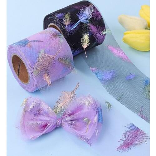 5yards Glitter Feathers Printed Organza Satin Ribbon for DIY Craft Hair Bow Gift Packaging Wedding Party Decor Material