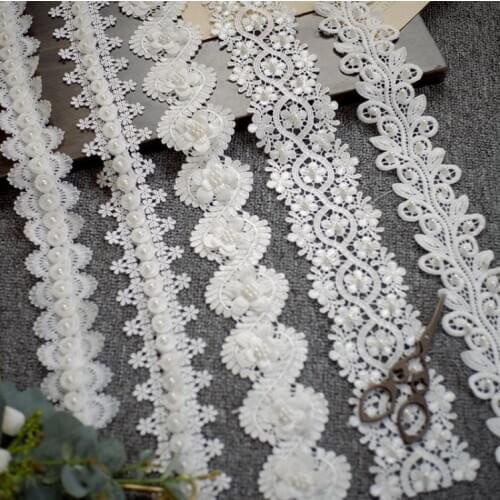 50CM Beaded Pearls Vintage Lace Trim White Black Ribbon Sewing On Wedding Dress Costume Bridal Veil Clothes Hair Accessories DIY