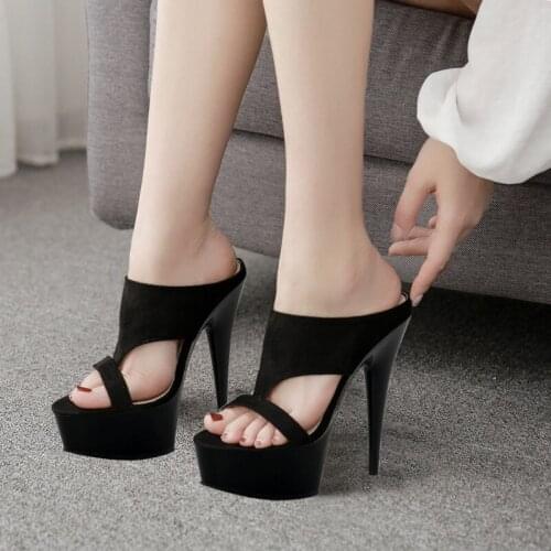 6 Inch Models Mature Black Dress Women Stripper Heels Peep Toe Concise Platform Slippers Sexy Fetish Nightclub Pole Dance Shoes