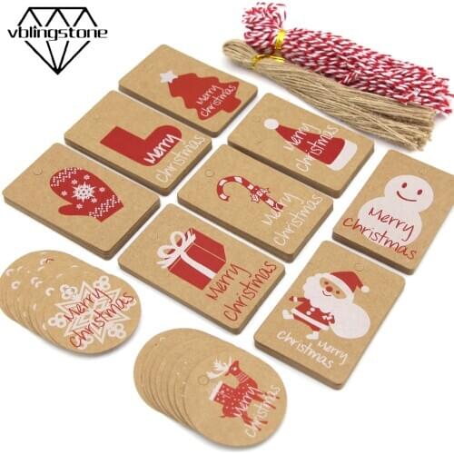 Kraft Paper Labels Tags Merry Christmas Series Hang Tags With Hemp String For Gift DIY Crafts New Year Xmas Party Home Decor