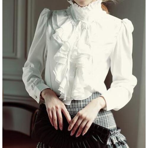 Noble Elegant Bowtie Ruffles Stand Collar Satin Blouse Women Classic Fashion OL slim Blouse Free Shipping High Quality