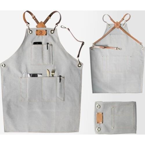 Cotton Denim Apron Funny Cooking Work Aprons With Pockets Genuine Leather Strap For Men Women Barber Cafe Restaurant Unisex DW13