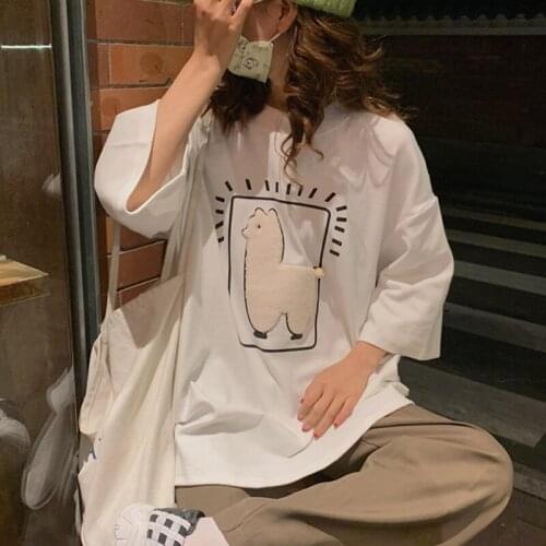 Cartoon Printed T Shirt Women Oversized Tops Girl Casual Summer Short Sleeve Tee Korean Style Female Loose T Shirts Streetwear