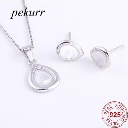 Pekurr 925 Sterling Silver Simple White Shell Waterdrop Earrings Necklace Sets For Women Drop Pendants Chain Jewelry Sets