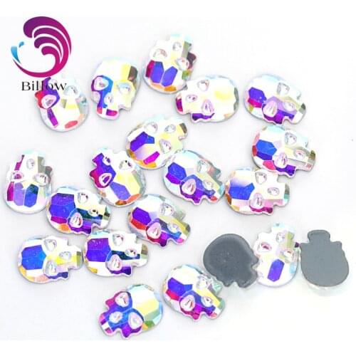 50pcs High Quality Crystal AB Skull Hot Fix Rhinestone Crystal Glass Skull Hotfix Rhinestone Iron On For Wedding Dress B3723