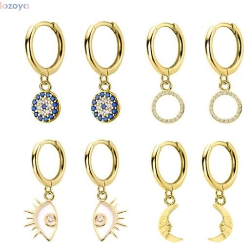 LOZOYA 925 Sterling Silver Round Luxury Gold Zircon Luxury Blue Eye Drop Earring High Quality Round CZ Evil Earring Jewelry