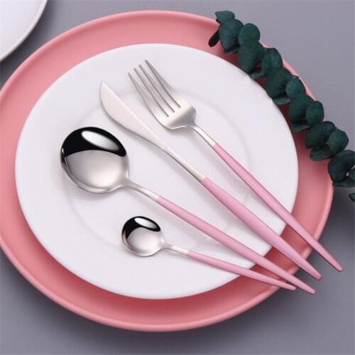 Pink Silver 18/10 Stainless Steel Dinnerware Cutlery Set Tableware Silverware Salad Forks Spoon Knives Set Complete Dinner Set
