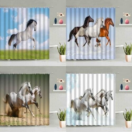 Animals Horse Shower Curtain Set Forest Desert Grassland Snow Winter Scenery Bathtub Decoration Screen Washable Hanging Curtains