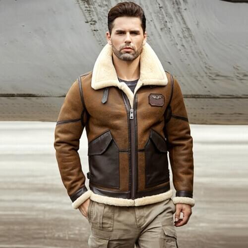 2019 New Mens Brown B3 Shearling Jacket Sheepskin Coat Leather Jacket Fur Coat Airforce Flight Jacket Mens Winter Coats
