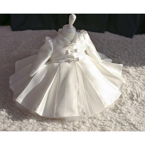 2021 New Baby Girls First Birthday Party Dresses For Children Princess White Ball Gown Infant Wedding Vestidos Kids Bow Dress