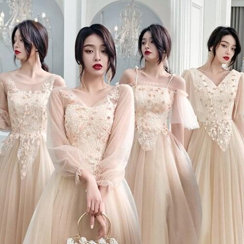 Charming Champagne 3D Flower Appliques Embroidery Bridesmaid Dresses 2021 See Through Tulle Sleeves Bridal Party Evening Gowns