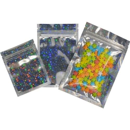 Laser Stars Flash Zipper Bag Holographic Silver Cosmetic Leak Proof Thick Reusable Food Storage Gift Small Pouch 100 Pcs