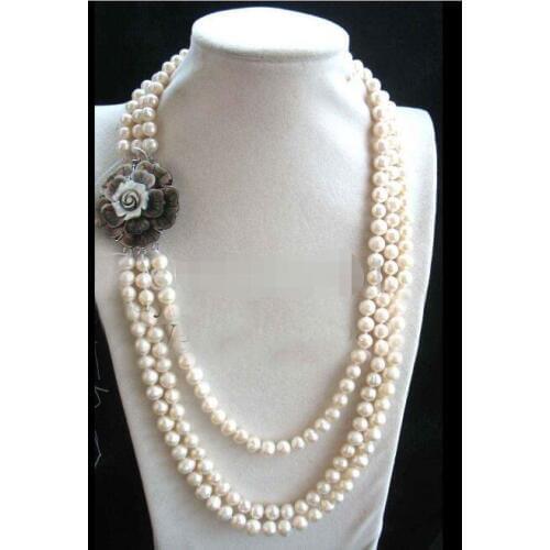 Wholesale 3rows freshwater pearl white near round flower 8-9mm necklace 22-26"