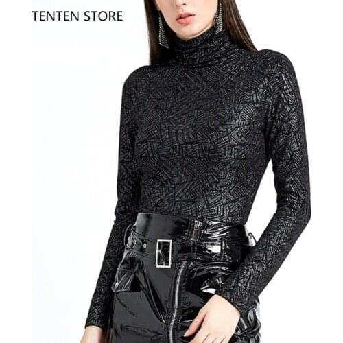 Fall winter turtle neck black t shirt womens long sleeves pullovers high neck shinny silver basic casual jumper plus sizes S-2XL