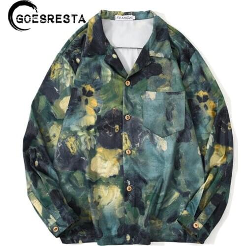 2020 Autumn Vintage Painting Men Blouse Korean Oversized Long Sleeve Mens Tops and Shirt Hip Hop Harajuku Streetwear Shirts