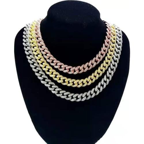 Zircon Inlaid Rhinestones Gold Color 12mm Hip Hop Chain Necklace Trend Accessories