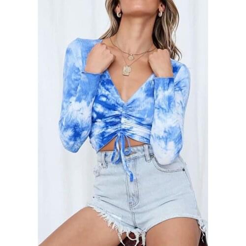 Sexy Women Tie Dye Ruched Crop Top Long Sleeve V Neck Drawstring Ribbed T-Shirts Womens Tops tie dye print
