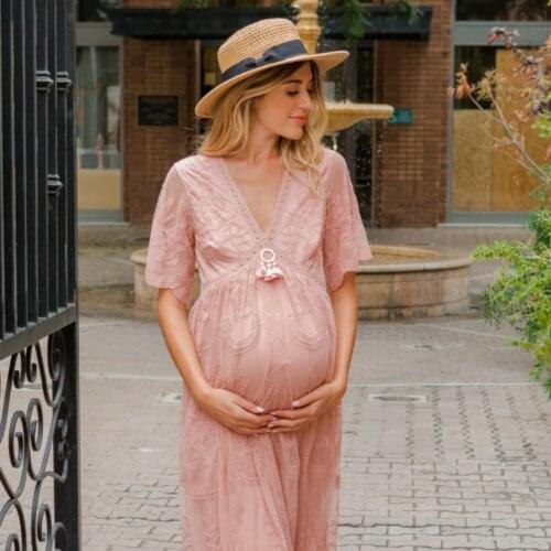 Maternity Dresses For BaBy Showers Photo Shoot Tulle Photography Summer V-Neck Short Sleeve Lace Stitched Jacquard Straig