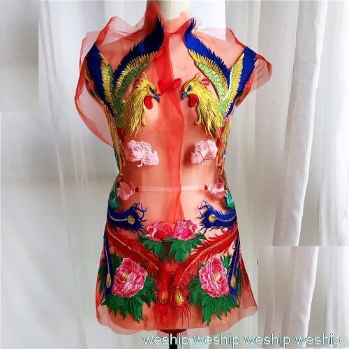 Super gorgeous colour Lace embroidery patches Golden sequins Red Eugen yarn Phoenix Applique for DIY dress Wedding dress