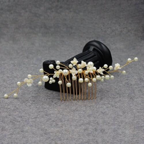 Elegant Sweetheart Women Golden Alloy Soft Ceramics Pearl Flower Headdress with Comb for Wedding Perform Studio Daily Life HP096