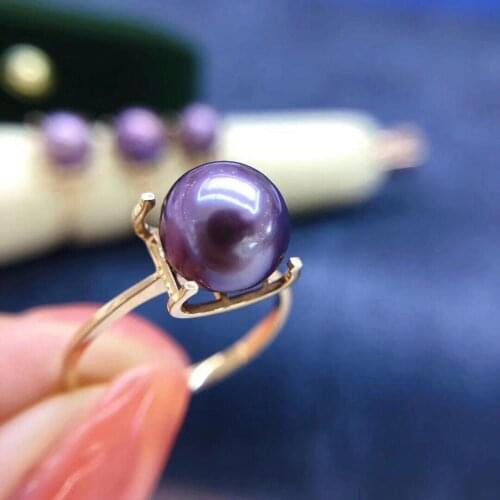 Fine Jewelry 18K Yellow Gold Natural Fresh Water Purple 8-9mm Peals Rings for Women Fine Pearls Rings