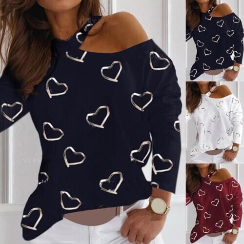 Sexy Trendy Women Long Sleeve Hollow Out Blouse Love Heart Print One Shoulder Knitted Pullover New Womens Sweater