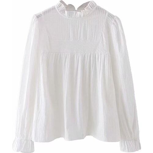 PERHAPS U Fashion Women Blouses Loose Casual Long Sleeve Puff Sleeve Stand Collar Black White Solid B0782