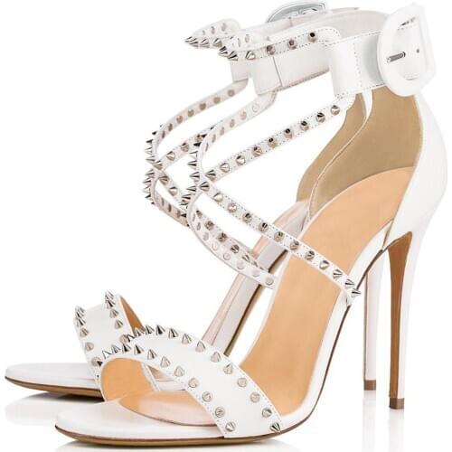 White Spikes Women High Heel Sandals Summer Ankle Strap Pumps Sexy Ladies Pointy Toe Dress Shoes Stilettos Big Size US 13