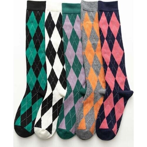 Women Autumn Cotton Knee High Socks Japanese Preppy Style Vintage Contrast Color Argyle Diamond Plaid Print Student Tube