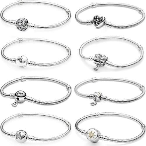 2020 NEW 100% 925 Sterling Silver Moments Family Heart Clasp Snake Daisy Chain Bracelet Fit Women Original Fashion Jewelry Gift