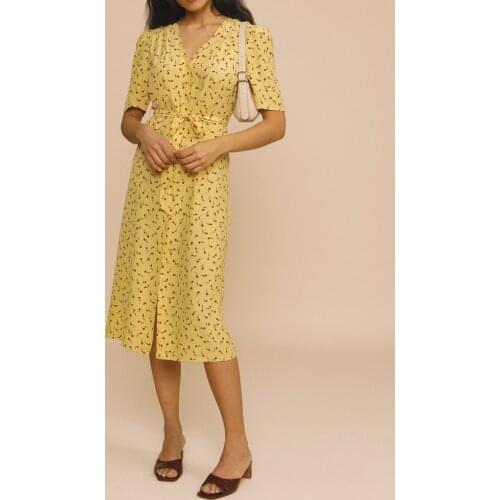 Women Rose Floral V-Neck Midi Dress Ladies Single-Breasted Short-Sleeved Waist Lace-up Female Holiday Dresses 2021 New