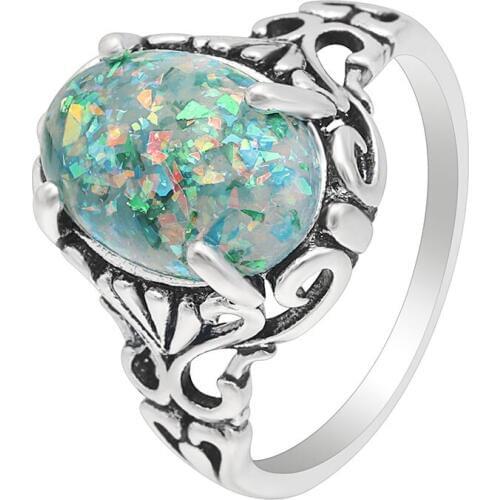 New Fashion Vintage Silver Color Ring Green Fire Opal For Women Wedding Engagement Jewelry Size 5-12 Christmas Jewelry Gift Ring