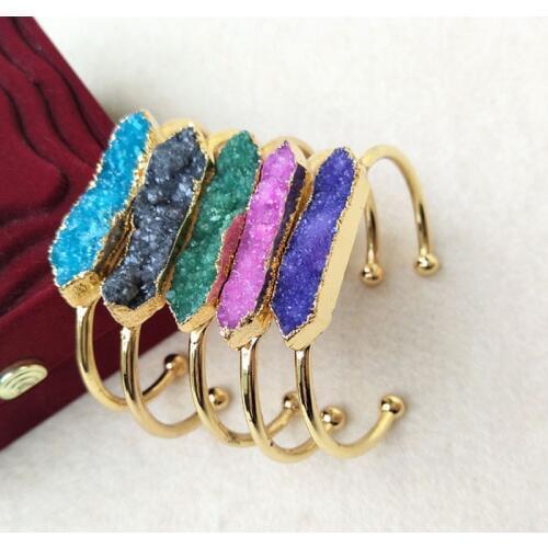 5Pcs Natural druse Druzy Geode Quartz Stone Cuff Bangle Handcuff Gold color Electroformed Drusy Bracelets Jewelry BG39