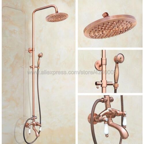 Antique Red Copper Wall Mounted Bathroom Shower Faucet Mixer Taps Dual Handle with Hand Held Shower Krg563