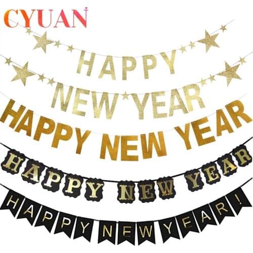 CYUAN Glitter Happy New Year Banner 2020 New Year Party Black Gold Bunting Garland New Years Eve Christmas Backdrop Decoration