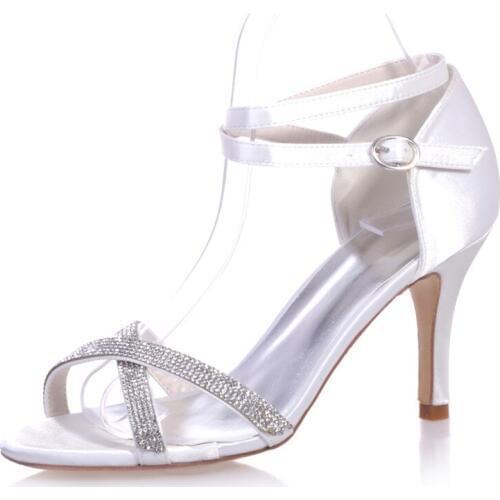 High Heels Satin Wedding Sandals Shoes Open Toe Ankle Buckle Strap Crystals Heeled Party Summer Ladies Dress Sandals