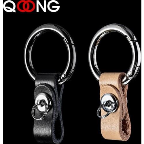 QOONG High Quality Genuine Leather Hand Woven Keychain Metal key Rings Chains Men Women Gifts Car Key Holder For Auto Keyring