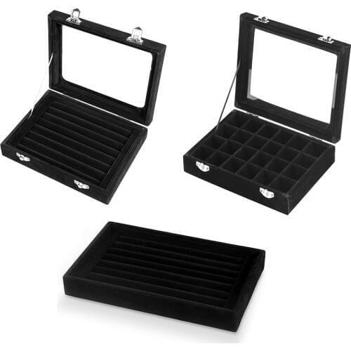 Earring Storage Case 24 Compartments & 7 Slots Ring Display Box Bracelet Organizer Velvet Jewelry Tray Cufflink Showcase-Black