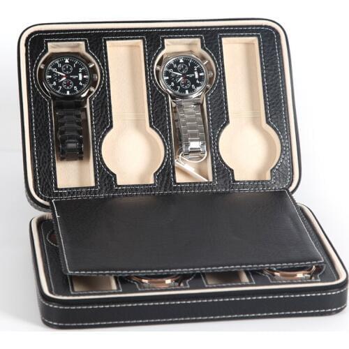 Black Brown Watch Display Box Leather Watch Organizer Storage Box Collection Case Zippere for Jewelry Watch 2/4/8 Grids