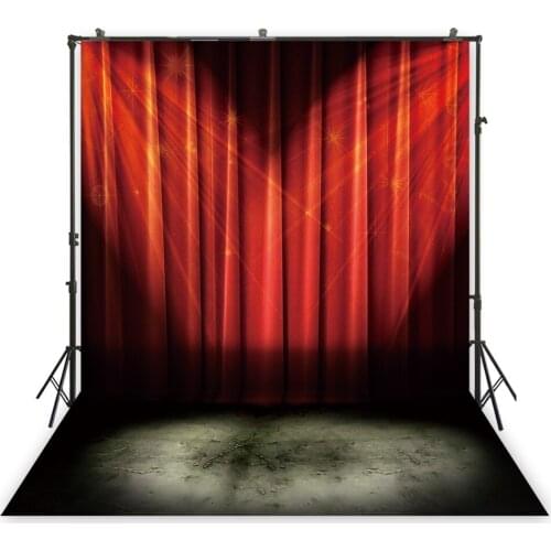 Vintage Stage Red Curtain Backdrop Rustic Shabby Chic Lights Background Old Fashioned Photocall Studio Photoshoot Filming Vinyl