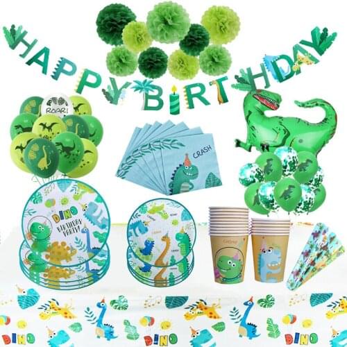 Dinosaur Party Supplies Happy Birthday Banners Paper Pates Dino Balloons Kids Boy Birthday Party Decoration Safari Jungle Party