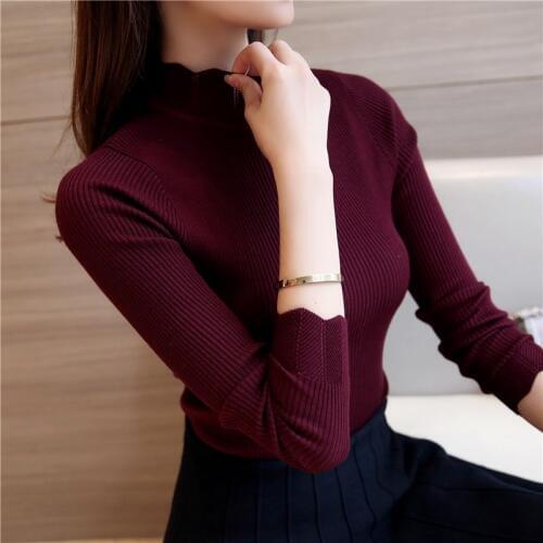 Korean Fashion Women Sweaters and Pullovers Sueter Mujer Ruffled Sleeve Turtleneck Solid Slim Sexy Elastic Women Tops