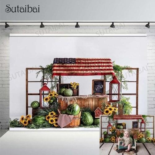 Summer Watermelon Backdrop Photography Sunflowers US Flag Cake Smash Photo Background Child Baby Portrait Customized Photocall