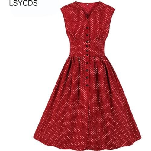 LSYCDS Vintage Dresses Single Breasted Sleeveless Polka Dots Dress Women Thin Fabric for Summer V-Neck High Waist Retro Dress