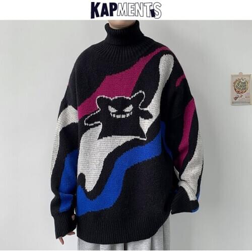 KAPMENTS Men Wool Knitted Turtleneck Sweater 2020 Winter Mens Cartoon Printed Japanese Sweaters Man Casual Long Sleeve Pullovers