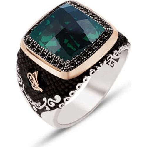 Silver Green Facet Gemstone Embroidered Men 'S Ring