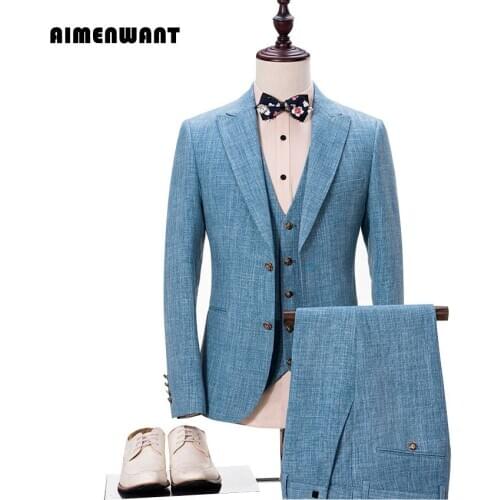 AIMENWANT Mens Jacket+Vest+Pants Set Suit Europe Business Causal Linen Suits Male Prom Wedding Dress Suit Free Shipping