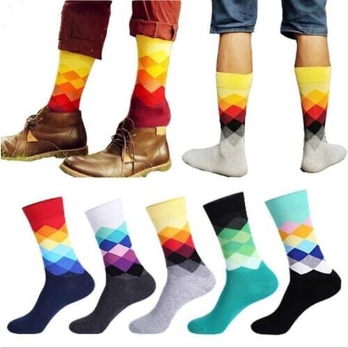 Mens Happy Striped Socks Quality Plaid Diamond Sock Men Combed Cotton Calcetines Largos Hombre