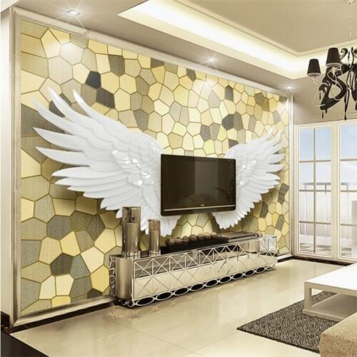 Beibehang Nordic modern relief angel wings mosaic stone wall TV wall background custom large fresco green wallpaper